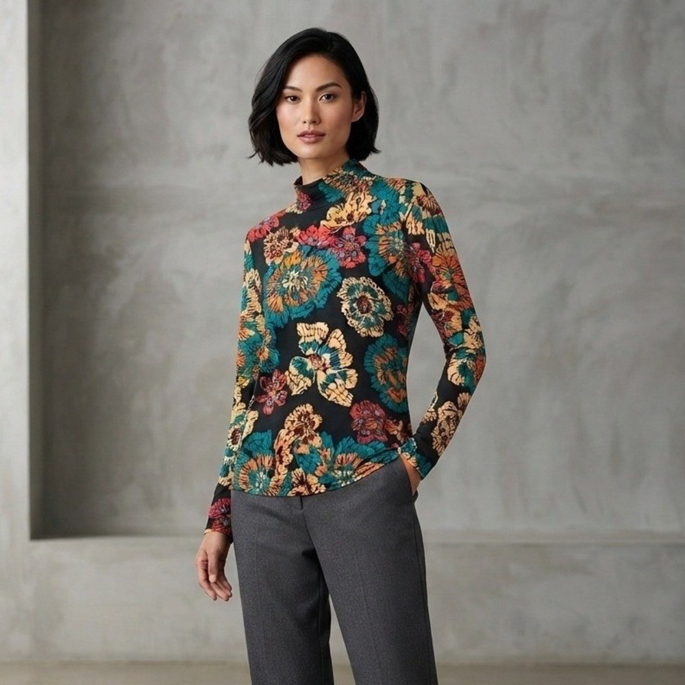 IMAN Floral Mock Neck Long Sleeve Vibrant Boho Print Top 1X